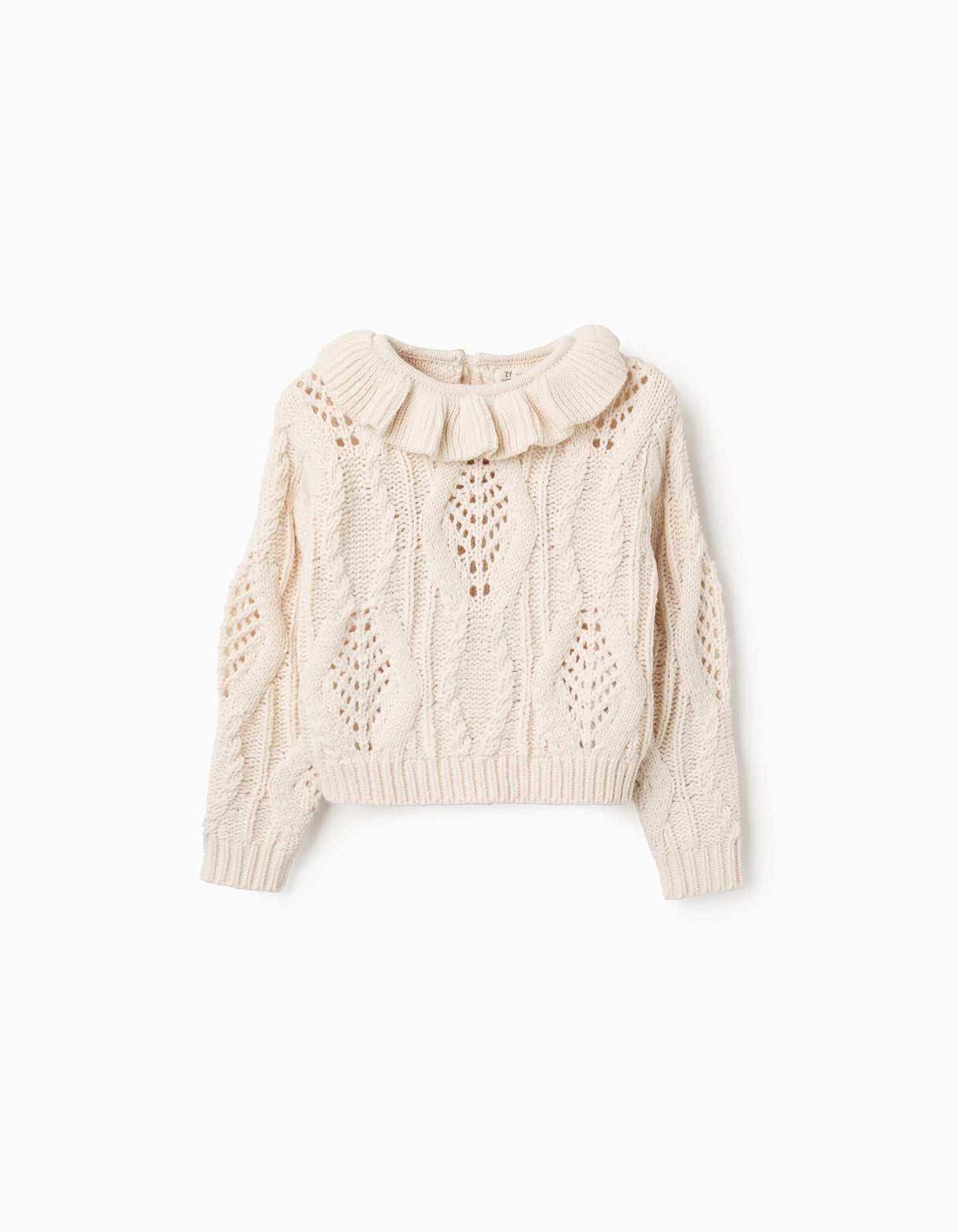 Jersey de Punto Grueso con Cuello de Volantes para Niña Beige