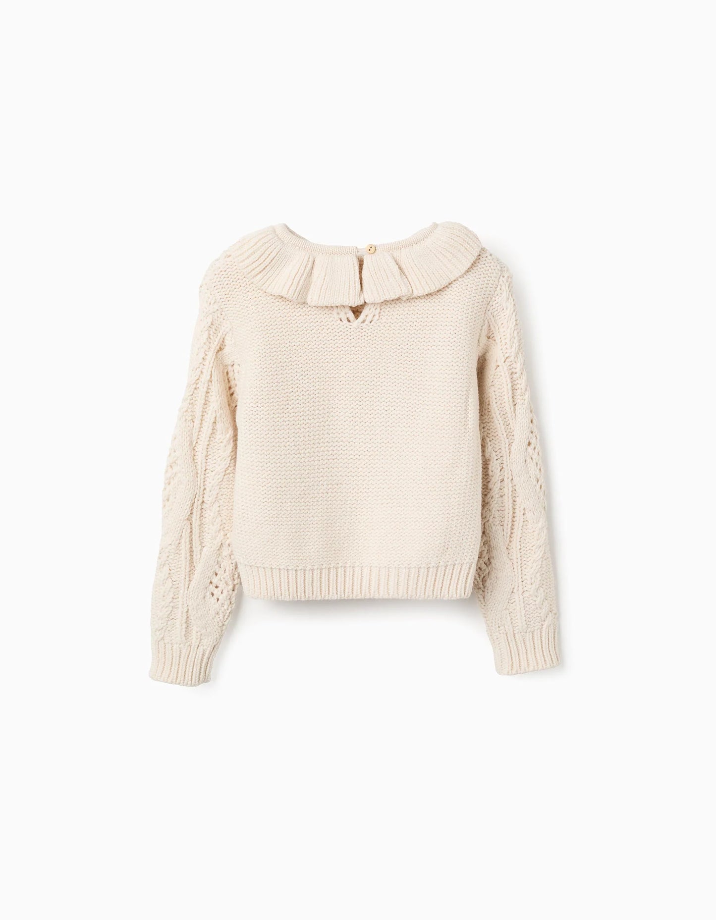 Jersey de Punto Grueso con Cuello de Volantes para Niña Beige
