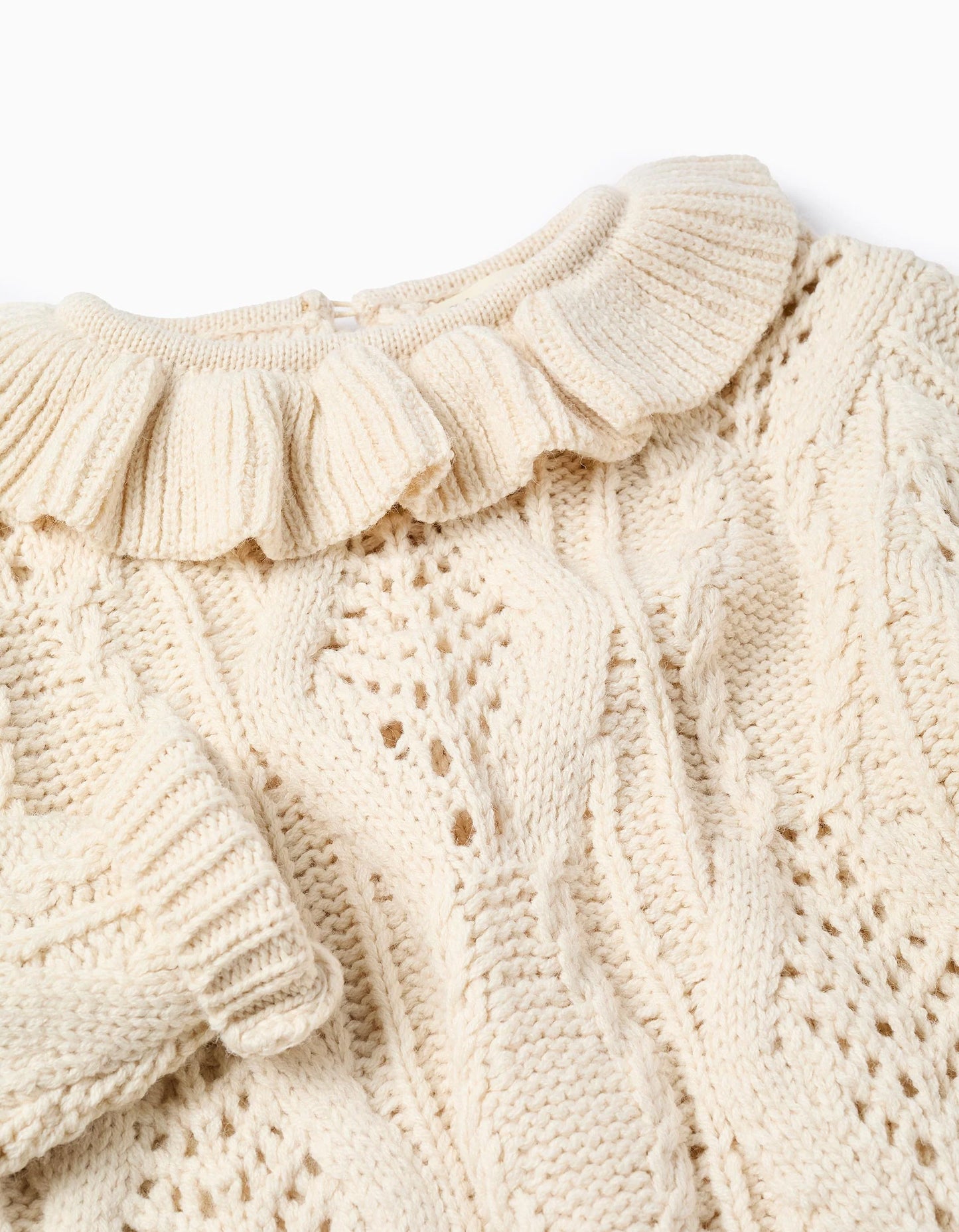 Jersey de Punto Grueso con Cuello de Volantes para Niña Beige