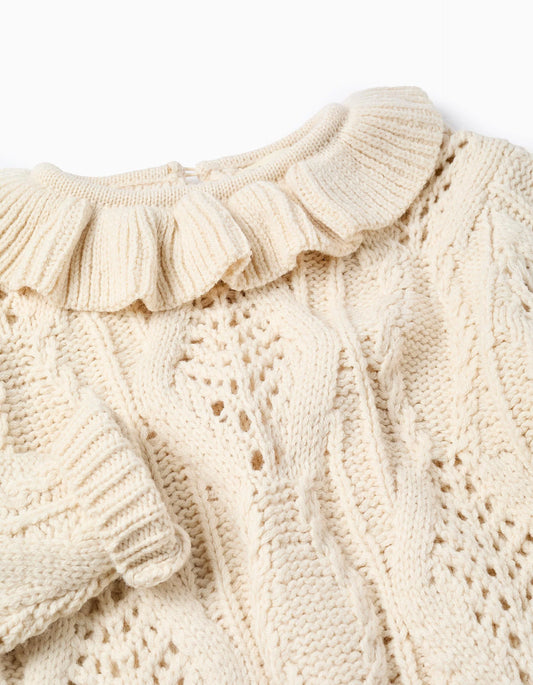 Jersey de Punto Grueso con Cuello de Volantes para Niña Beige