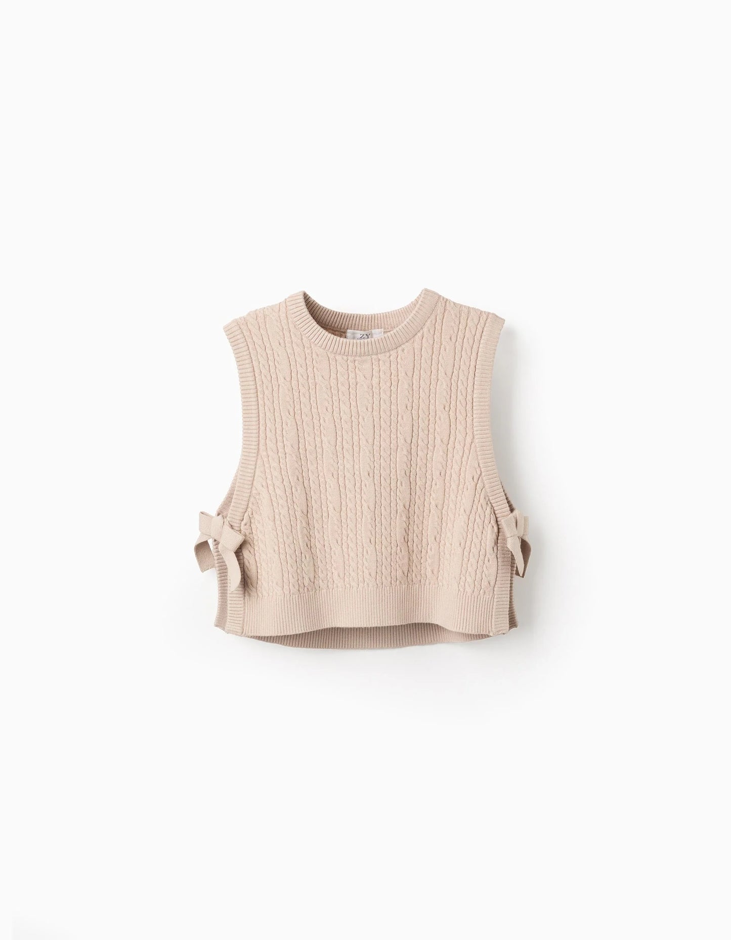 Chaleco de Punto Trenzado con Lazos para Niña Beige