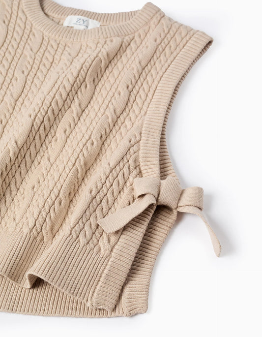 Chaleco de Punto Trenzado con Lazos para Niña Beige