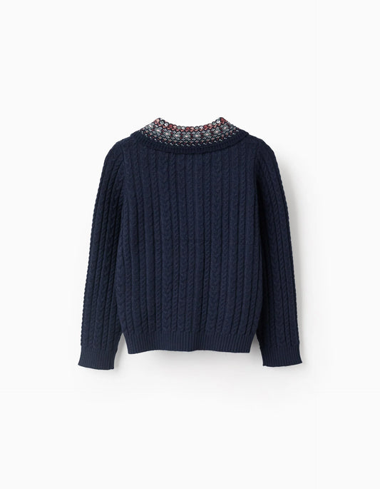 Chaqueta de Punto Trenzado con Cuello Floral para Niña Azul Oscuro