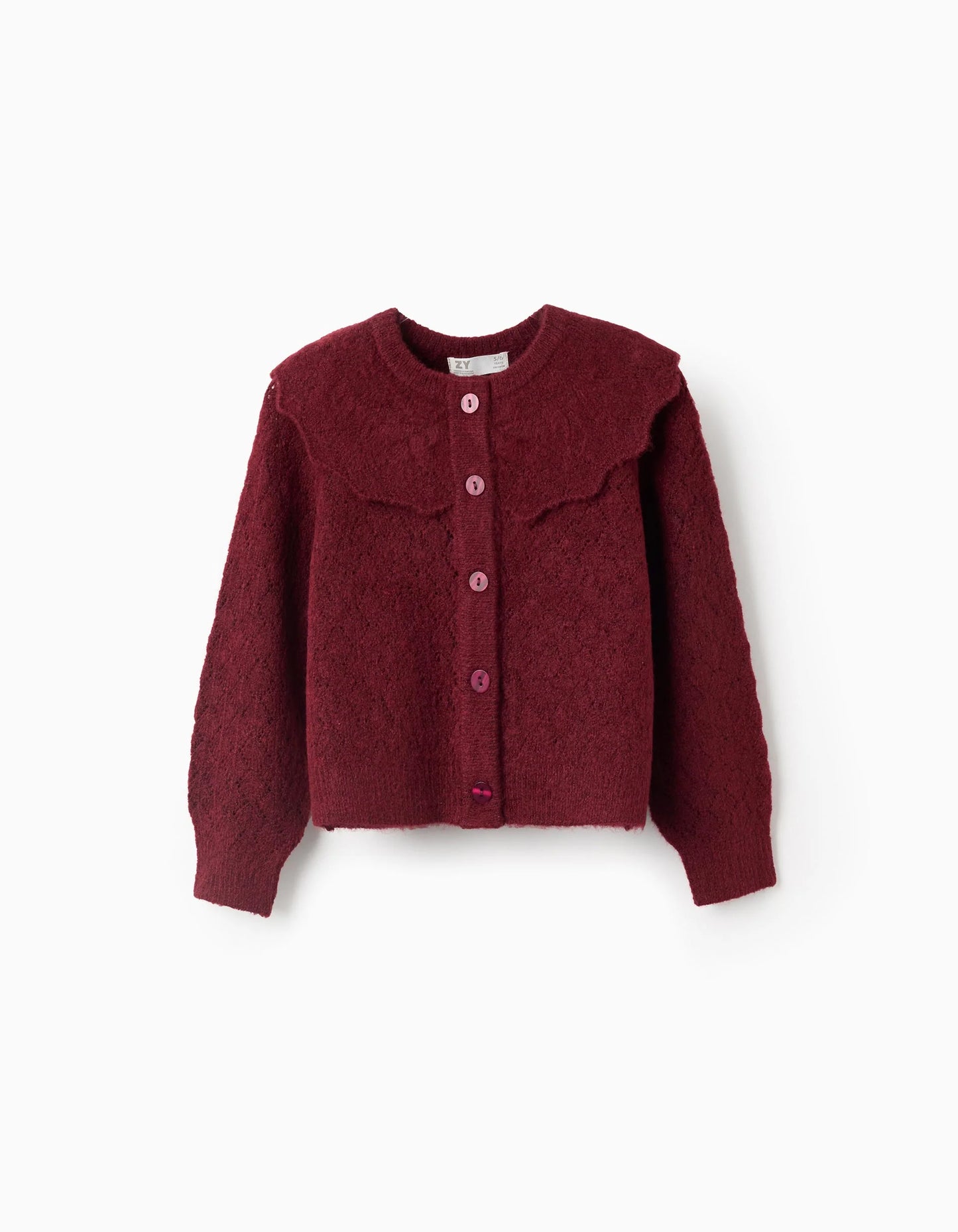 Chaqueta de punto calado con cuello de volantes para niña burdeos