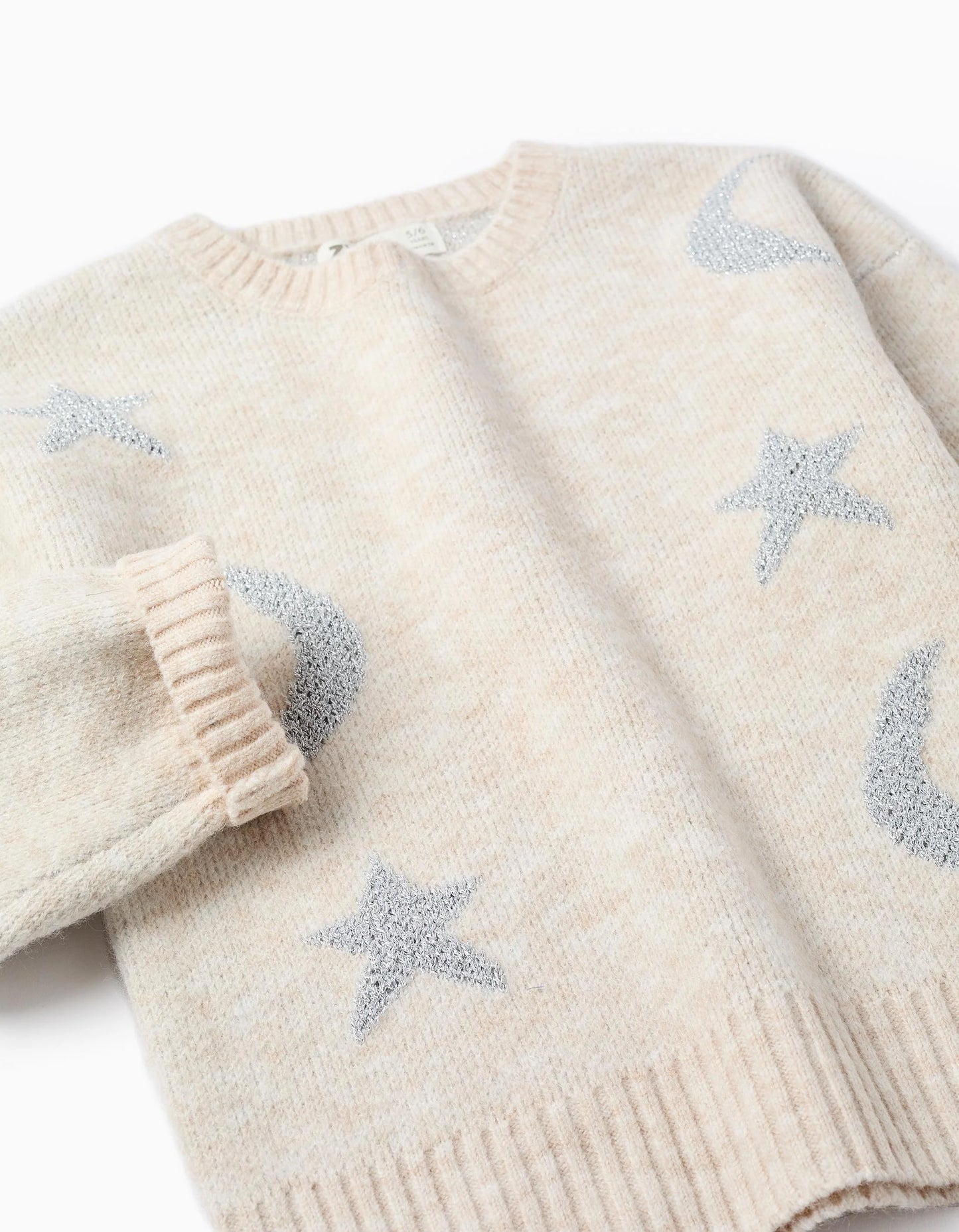 Jersey de punto con luna y estrellas de lúrex para niña beige