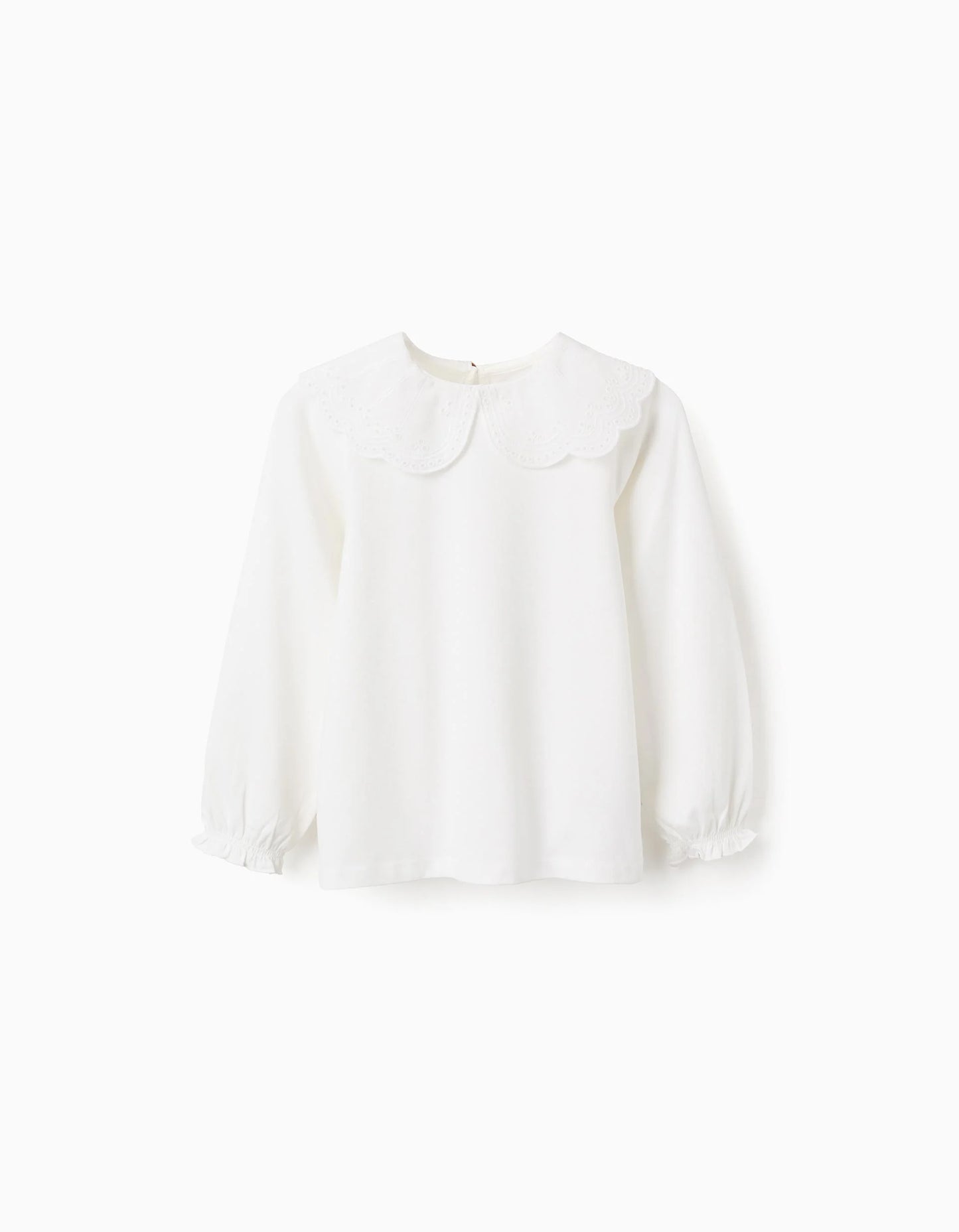 Camisa con Cuello Bordado Inglés y Volantes para Niña Blanca