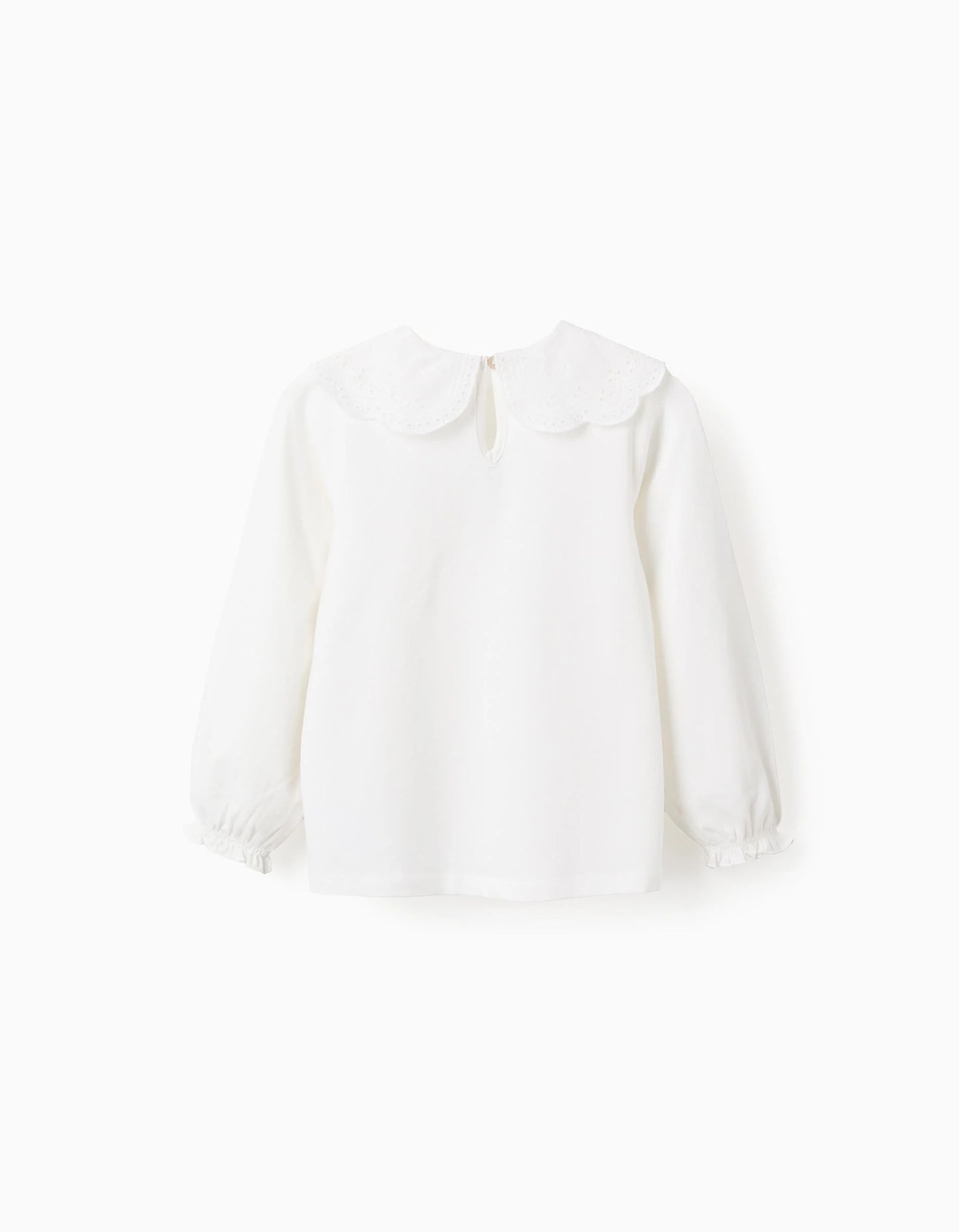 Camisa con Cuello Bordado Inglés y Volantes para Niña Blanca
