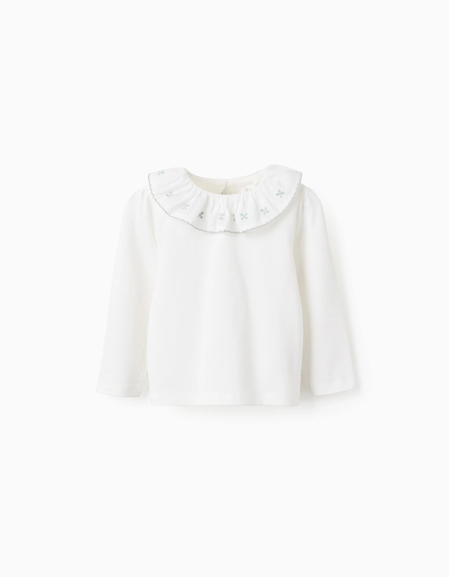 Camiseta con Cuello de Volante y Bordado para Bebé Niña Blanco/Verde