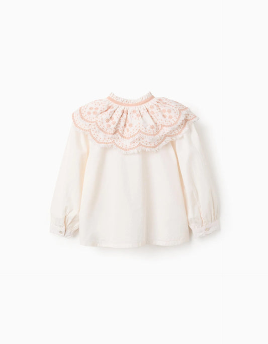 Blusa de popelina con detalles bordados para niña, blanco/rosa