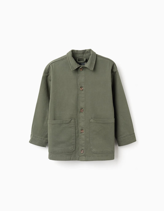 Sobrecamisa niño de sarga con bolsillos delanterosverde caqui
