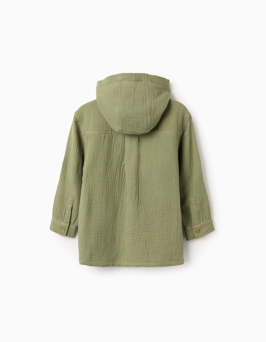 Camisa niño de algodón de manga larga con capucha verde caqui