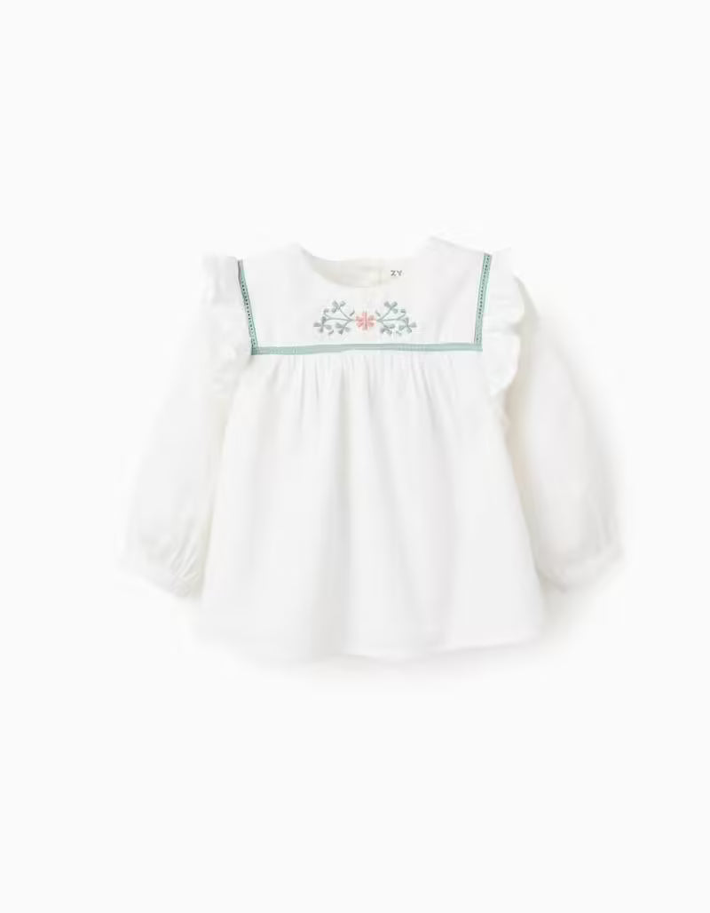 Camisa Flor Bordada Sarga Ligera para Bebé Niña Blanca