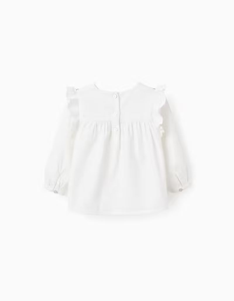 Camisa Flor Bordada Sarga Ligera para Bebé Niña Blanca