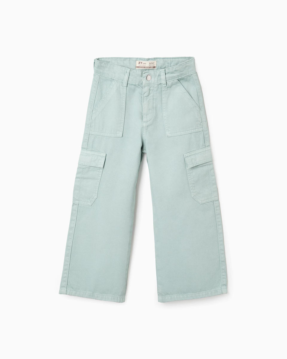 Pantálon de niña de sarga wide leg y con bolsillos cargo