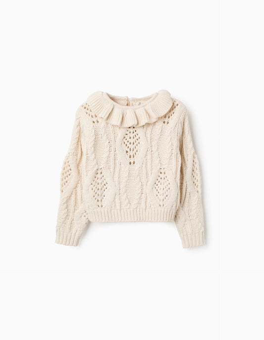 Jersey de Punto Grueso con Cuello de Volantes para Niña Beige