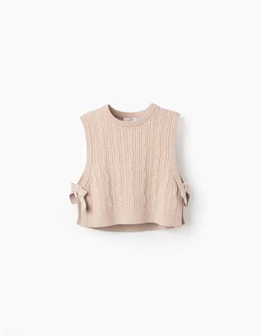 Chaleco de Punto Trenzado con Lazos para Niña Beige