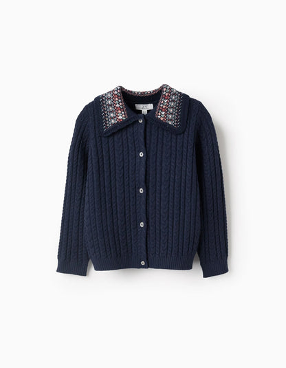 Chaqueta de Punto Trenzado con Cuello Floral para Niña Azul Oscuro - Zippy
