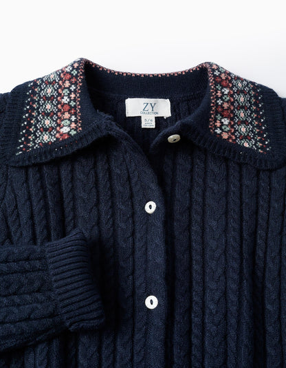Chaqueta de Punto Trenzado con Cuello Floral para Niña Azul Oscuro - Zippy