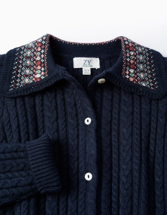 Chaqueta de Punto Trenzado con Cuello Floral para Niña Azul Oscuro