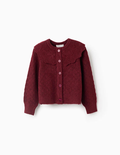 Chaqueta de punto calado con cuello de volantes para niña burdeos - Zippy