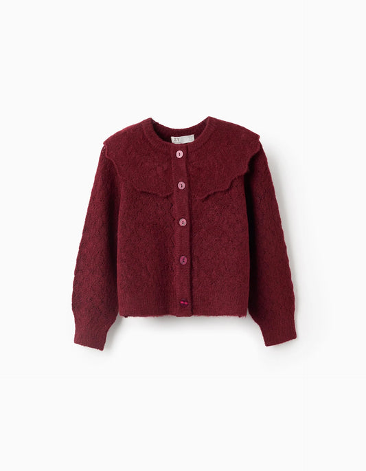 Chaqueta de punto calado con cuello de volantes para niña burdeos