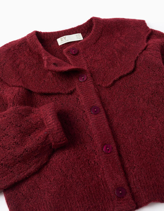 Chaqueta de punto calado con cuello de volantes para niña burdeos