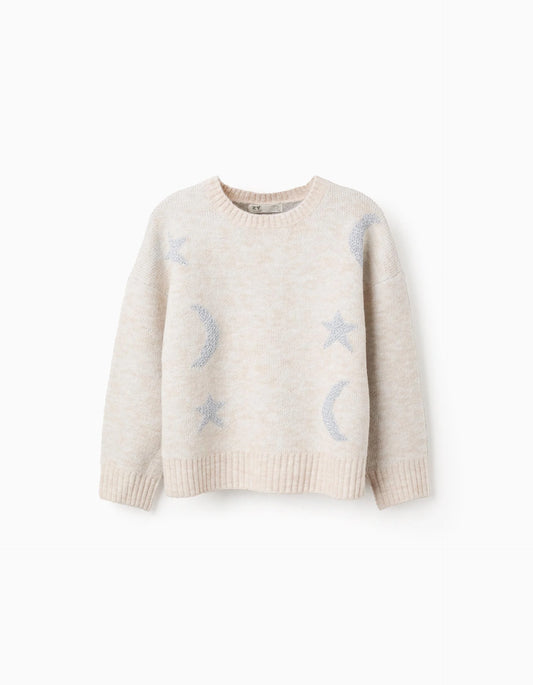 Jersey de punto con luna y estrellas de lúrex para niña beige