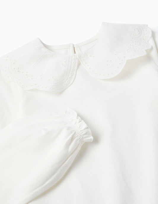 Camisa con Cuello Bordado Inglés y Volantes para Niña Blanca