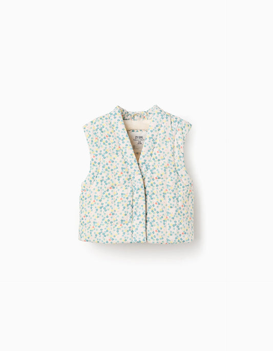 Chaleco de algodón con motivo floral y forro en sherpa para niña beige