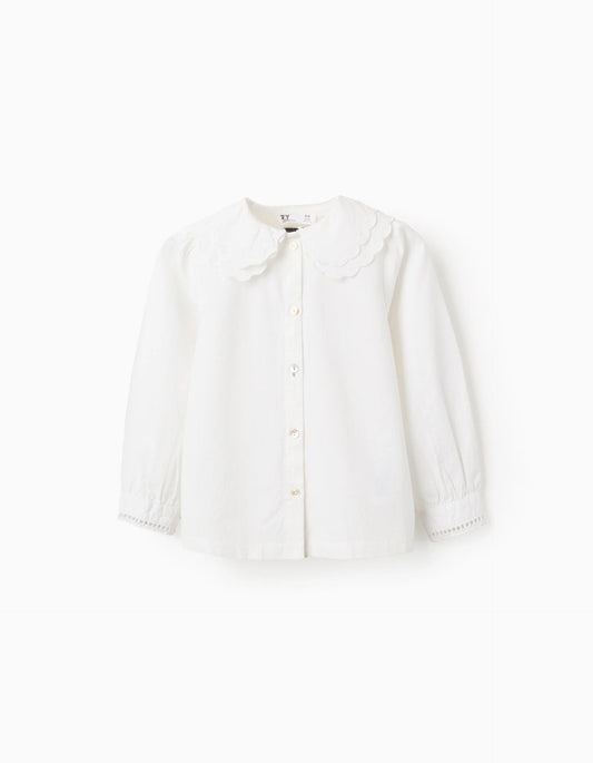 Camisa de Algodón con Detalles Bordados para Niña Blanca
