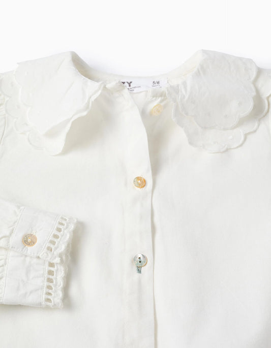 Camisa de Algodón con Detalles Bordados para Niña Blanca