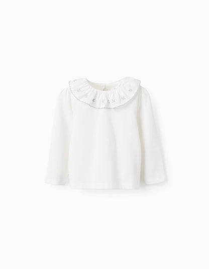 Camiseta con Cuello de Volante y Bordado para Bebé Niña Blanco/Verde - Zippy