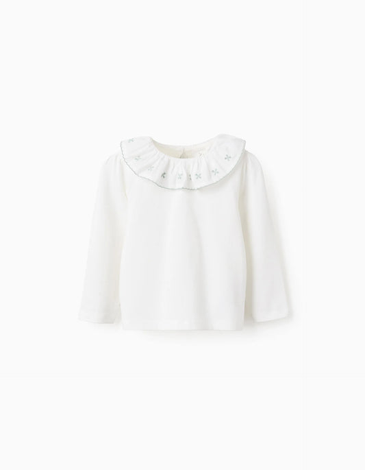 Camiseta con Cuello de Volante y Bordado para Bebé Niña Blanco/Verde
