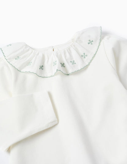 Camiseta con Cuello de Volante y Bordado para Bebé Niña Blanco/Verde - Zippy