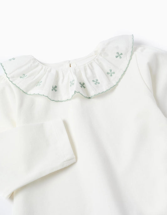 Camiseta con Cuello de Volante y Bordado para Bebé Niña Blanco/Verde