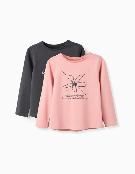 Lote de 2 Camisetas Niña 'Flower', Rosa/Gris