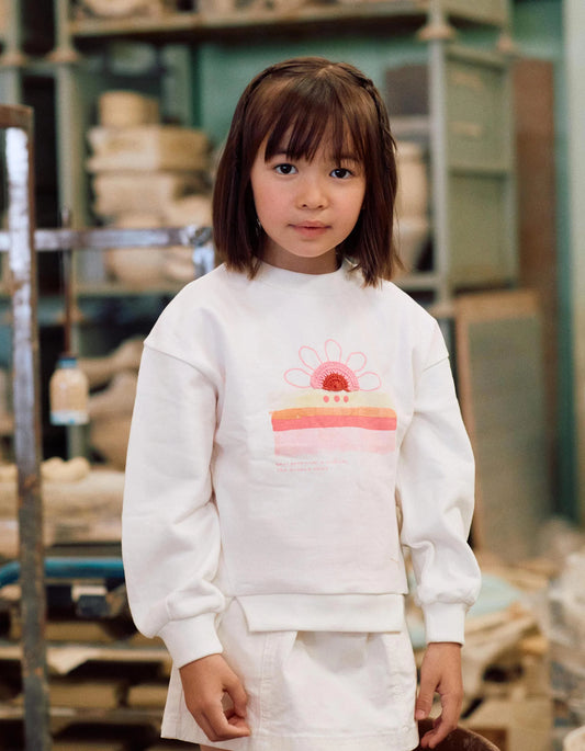 Sudadera niña de algodón con puesta de sol estampada blanco