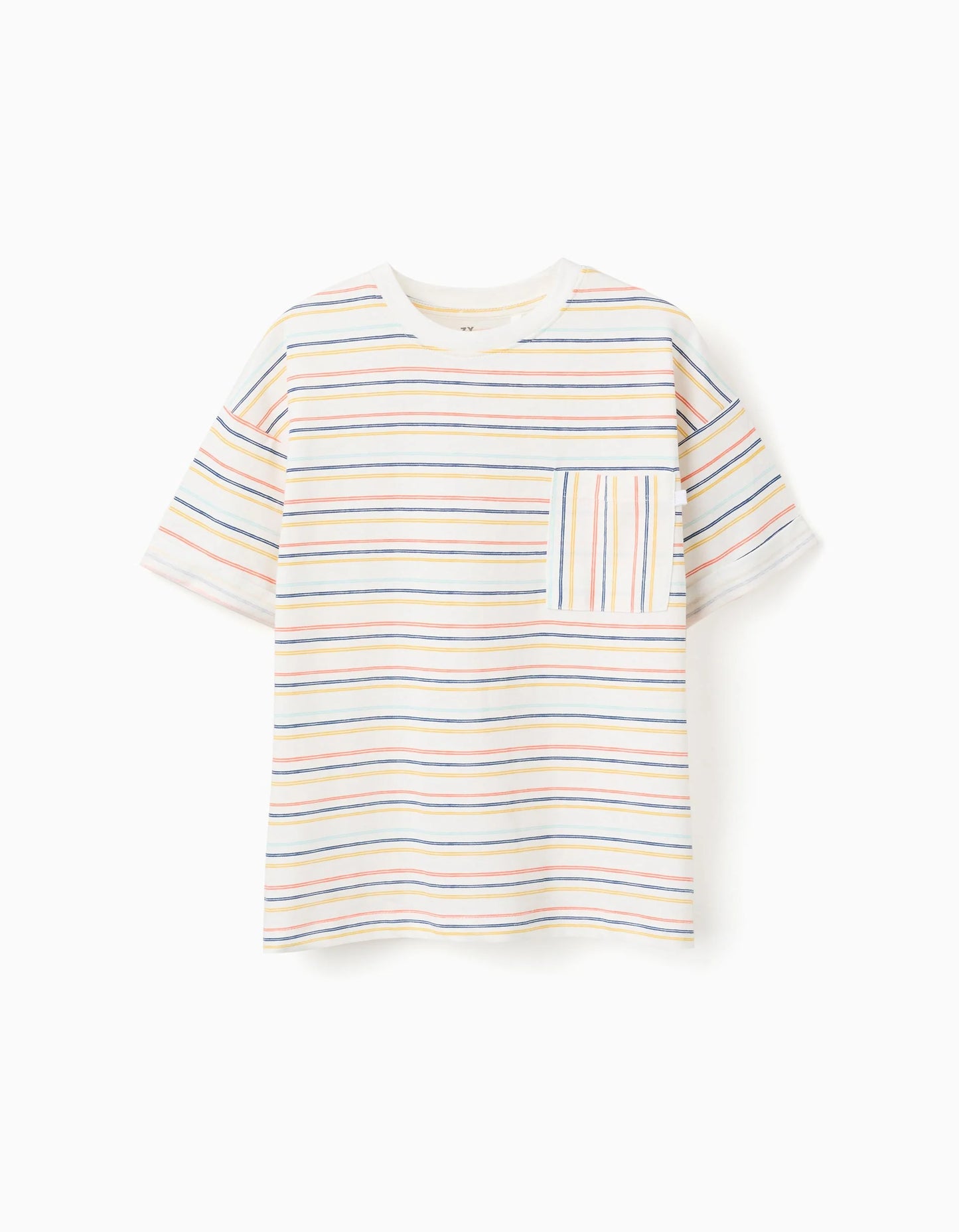 Camiseta niño a rayas con bolsillo multicolor