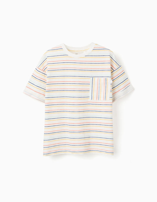 Camiseta niño a rayas con bolsillo multicolor