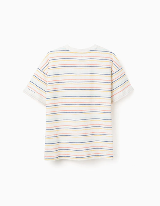 Camiseta niño a rayas con bolsillo multicolor