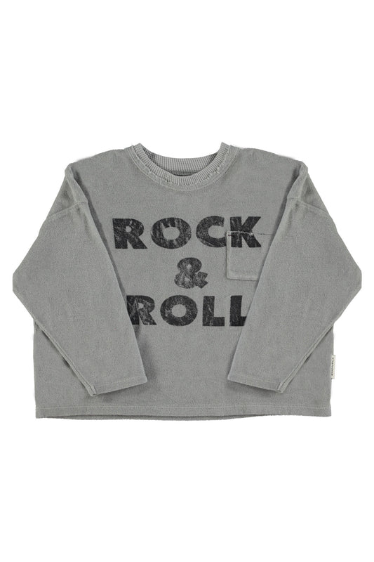 Camiseta de manga larga de algodón terry | Gris con estampado "rock & roll"