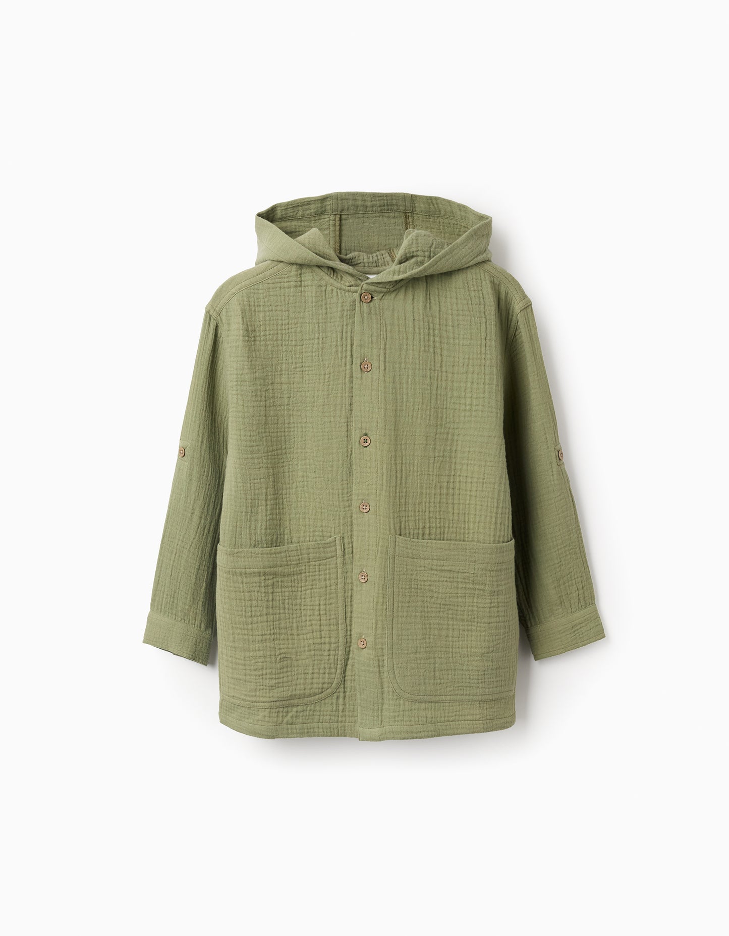 Camisa niño de algodón de manga larga con capucha verde caqui