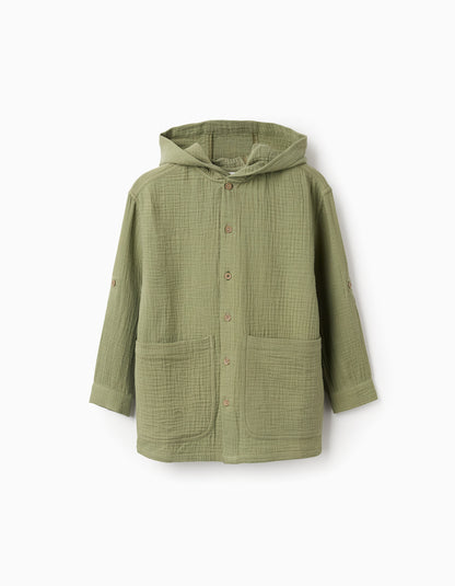 Camisa niño de algodón de manga larga con capucha verde caqui - Zippy