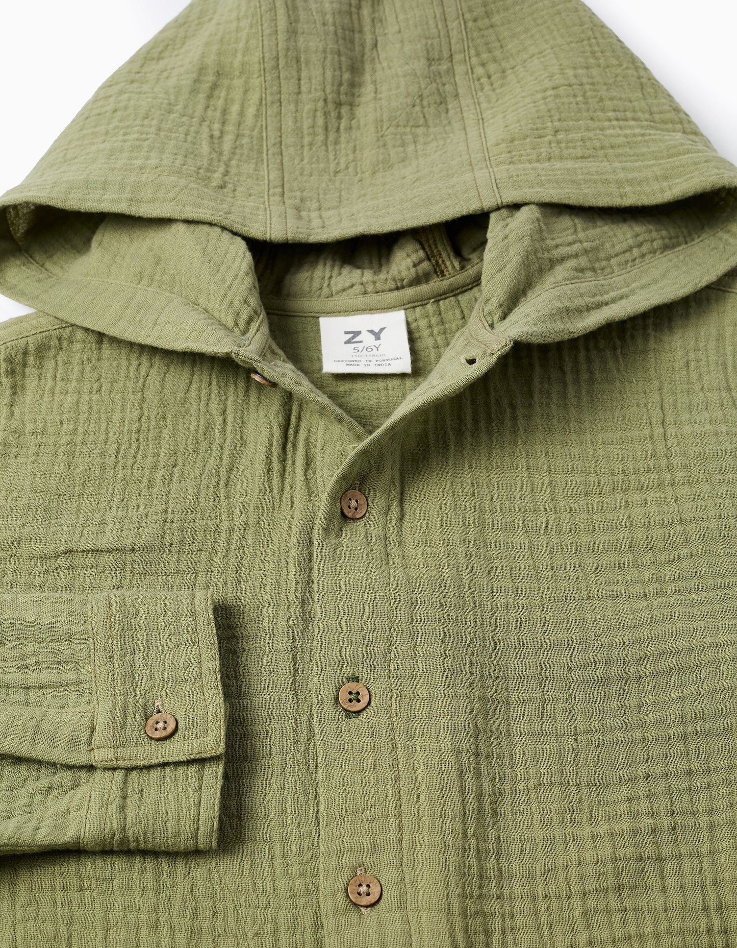 Camisa niño de algodón de manga larga con capucha verde caqui
