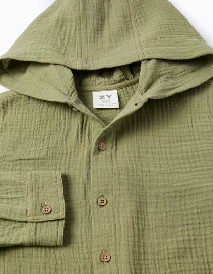 Camisa niño de algodón de manga larga con capucha verde caqui - Zippy