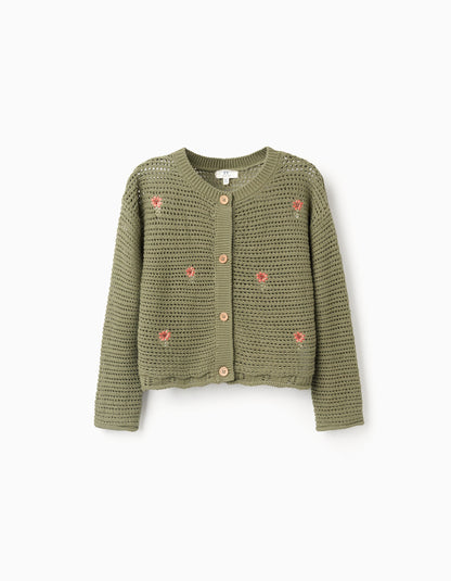 Chaqueta niña de punto de algodón con flores bordadas verde oscuro - Zippy