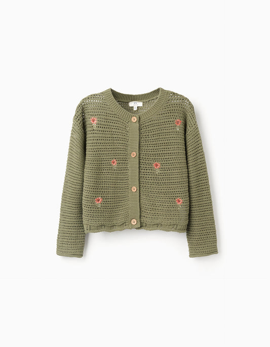 Chaqueta niña de punto de algodón con flores bordadas verde oscuro