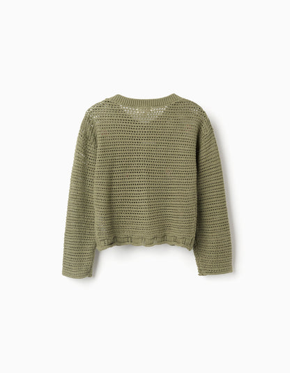 Chaqueta niña de punto de algodón con flores bordadas verde oscuro - Zippy
