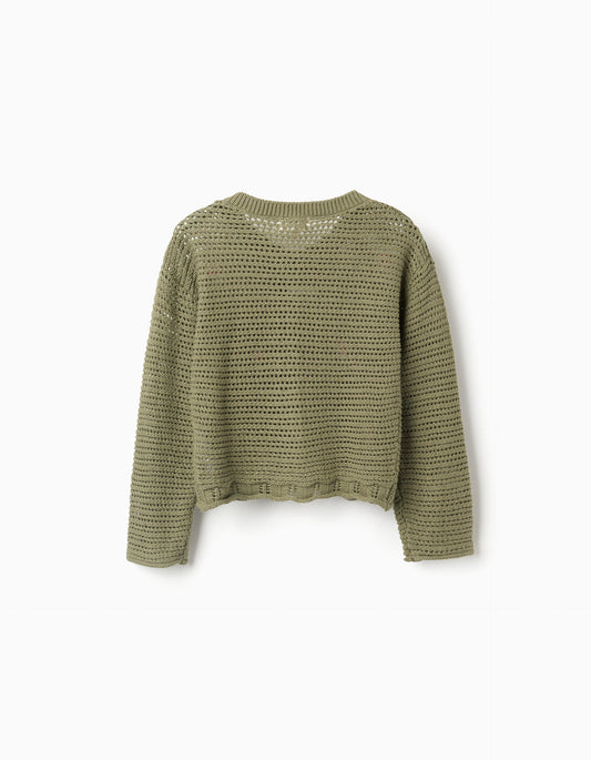 Chaqueta niña de punto de algodón con flores bordadas verde oscuro