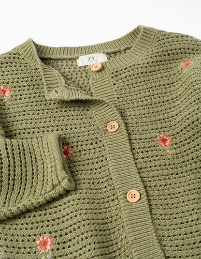 Chaqueta niña de punto de algodón con flores bordadas verde oscuro - Zippy